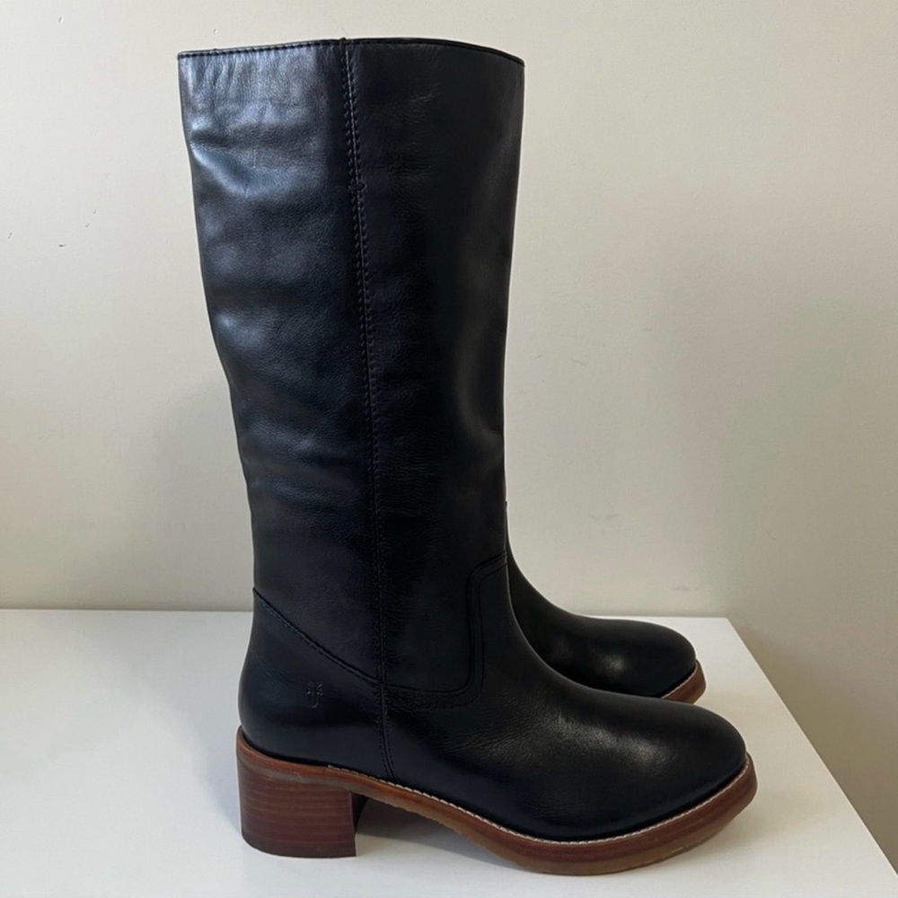 Frye Camryn Tall Black Smooth Leather Heel Pull On Boots Size 8.5 NWT - Picture 2 of 6